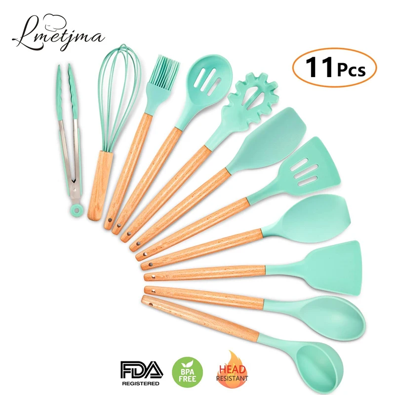 LMETJMA 11 Pieces Silicone Cooking Utensils Set Kitchen Cooking Tools Set With Natural Wooden Handle Nonstick Cookware KC0207