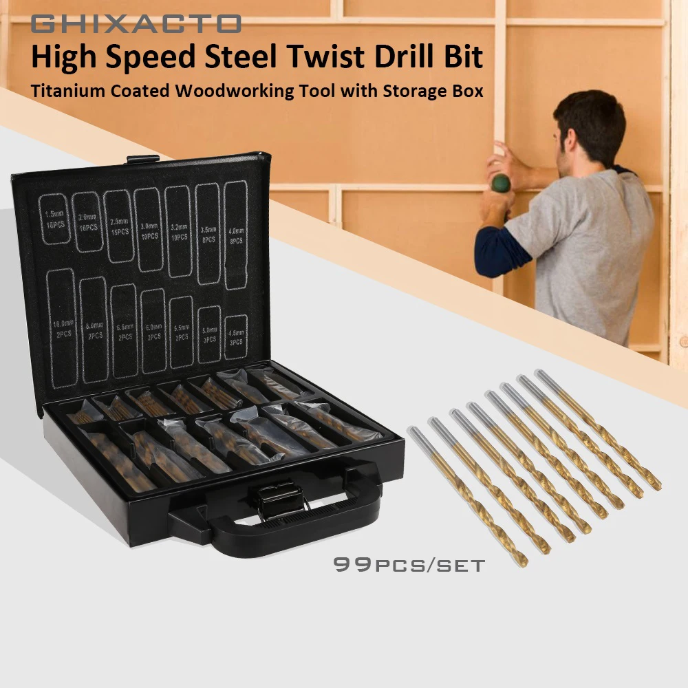 HSS Twist Drill Bits Set 99PC 1.5-10mm Titanium Coated Surface 118 Degree For Drilling Metal DIY Home Use With Iron Box Packing HSS Twist Drill Bits Set 99PC 1.5-10mm Titanium Coated Surface 118 Degree For Drilling Metal DIY Home Use With Iron Box Packing
