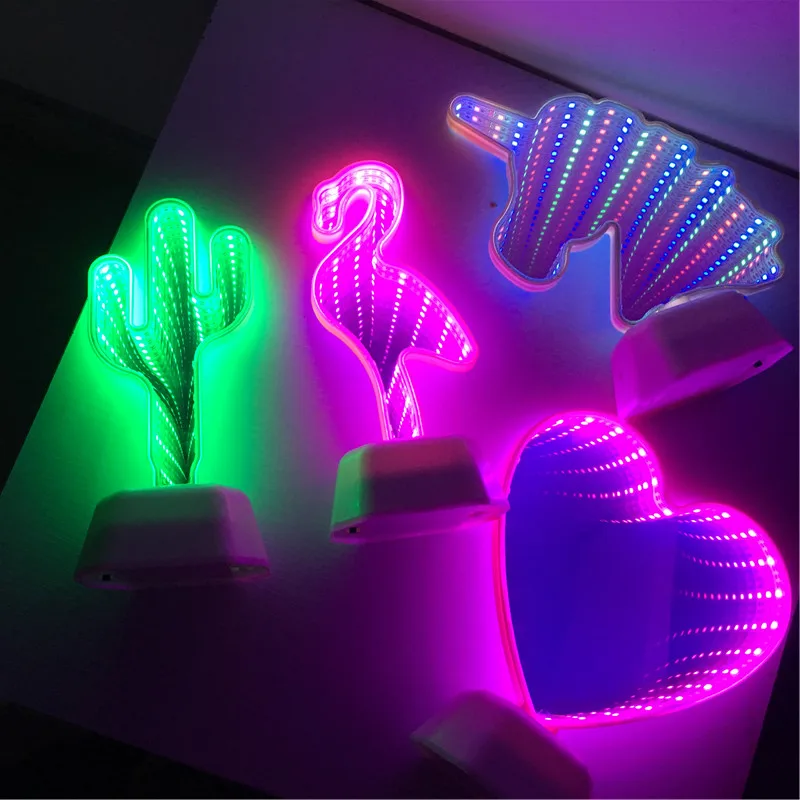  3D LED Tunnel Night Light Decorative Gift For Home Marquee Cactus/Unicorn/Flamingo/Love Heart/Pinea - 4000019232950