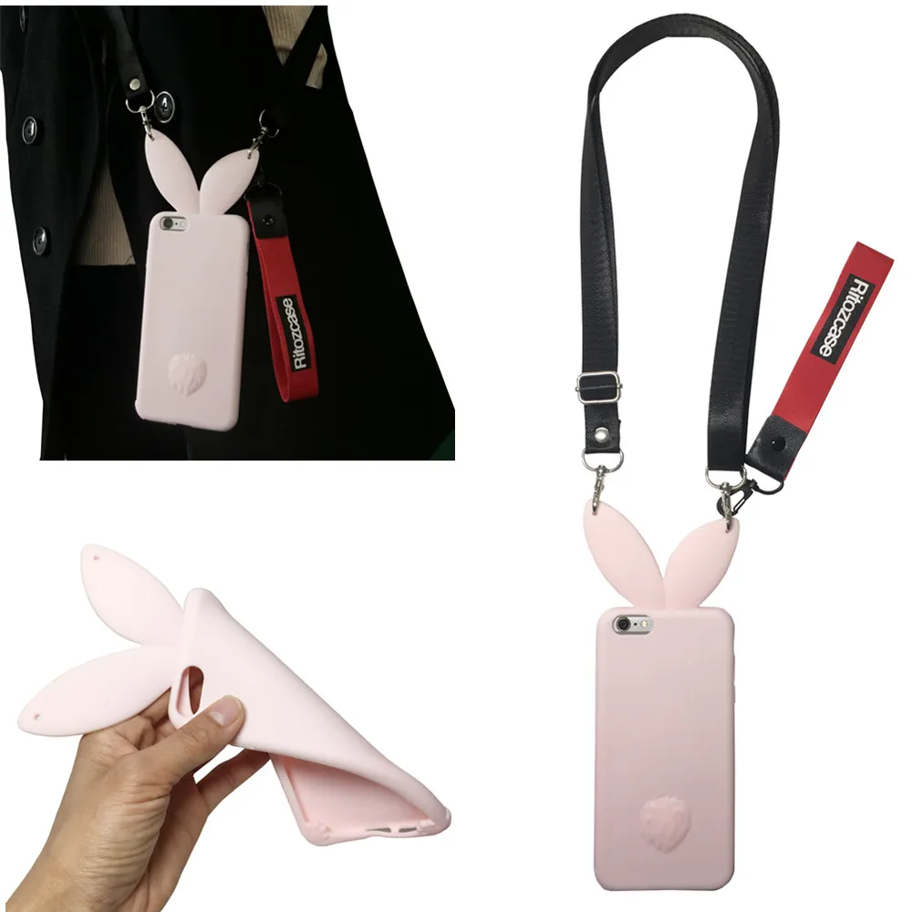 

case for iphone XS MAX XR X 6 6S 7 8 plus 5 se 5s case cover cute 3d cartoon pink rabbit shoulder strap soft silicone phone bag