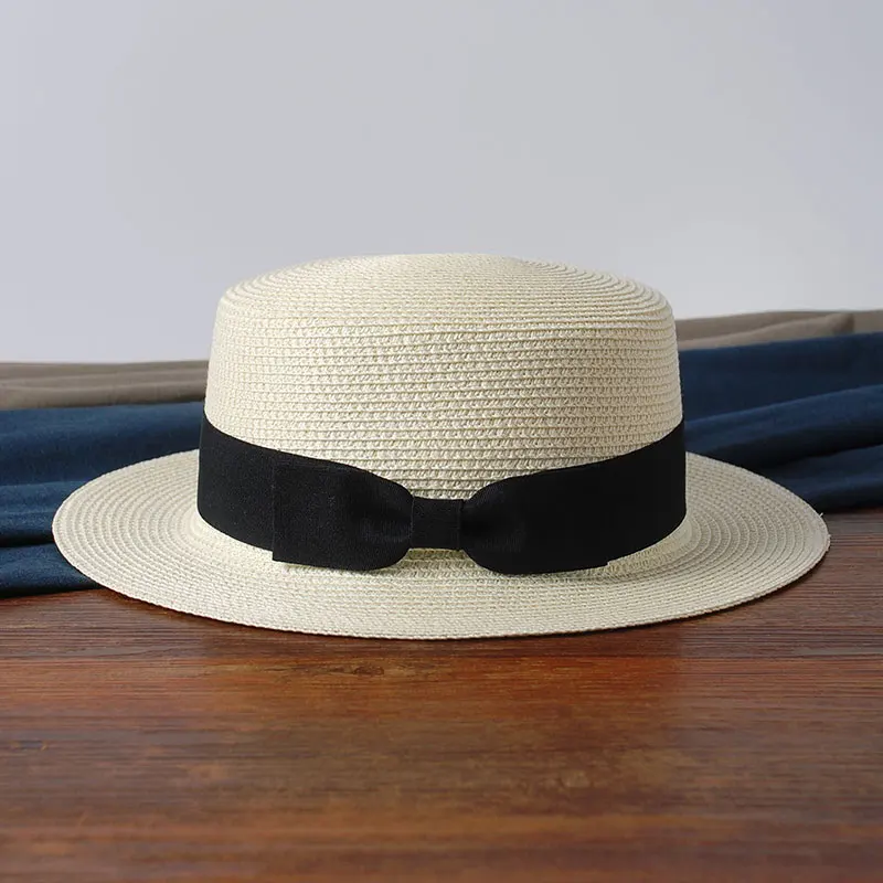 2019 Ver&atilde;o simples Praia Pai-Filho Chap&eacute;u Panam&aacute; Chap&eacute;u Do Sexo Feminino Casual Senhora Marca Mulheres Bowknot Straw cap borda Plana glris Chap&eacute;u de Sol