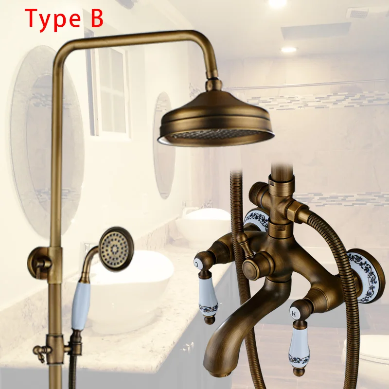 Оптом и в розницу смеситель для душа для ванной комнаты настенный античный латунный W/ручной душевой набор Смеситель для холодной и горячей воды