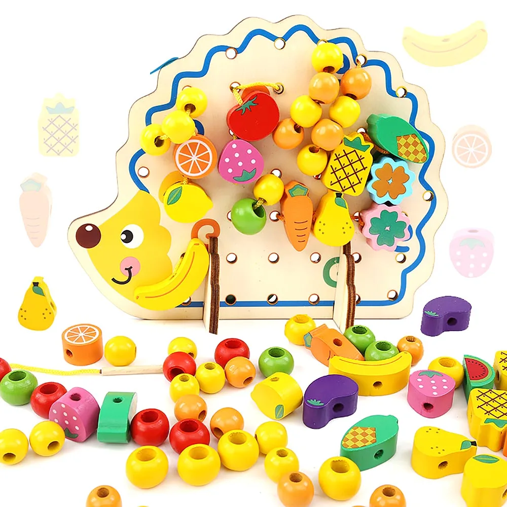 1 Set Creative Useful Wood Hedgehog Fruit Vegetable Beads Building Thread Toy for Kids