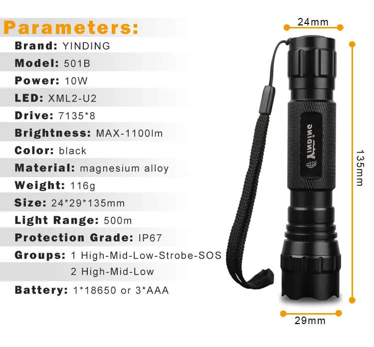 Высококачественные 501B светодиодный фонарик свет лампы CREE XM-L U2 1100 люмен 8 режимов для батареи 1*18650 Бесплатная доставка