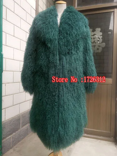 Женское длинное пальто из овчины с натуральным мехом ламы монгольская овечья шуба пляжная шерстяная Верхняя одежда с отложным воротником - Цвет: green