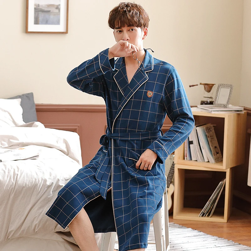 

New 100% Cotton Yukata Men High Quality Brand Plaid Long Sleeved Turn-down Collar Stylish Male Cotton Sleepwear Lingerie Robe