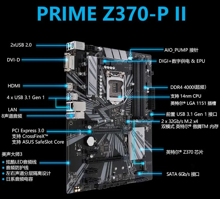 Материнская плата Asus PRIME Z370-P II для настольных ПК Intel Z370 LGA 1151 DDR4 PCI-E 3,0 M.2 USB 3,1 atxматеринская плата