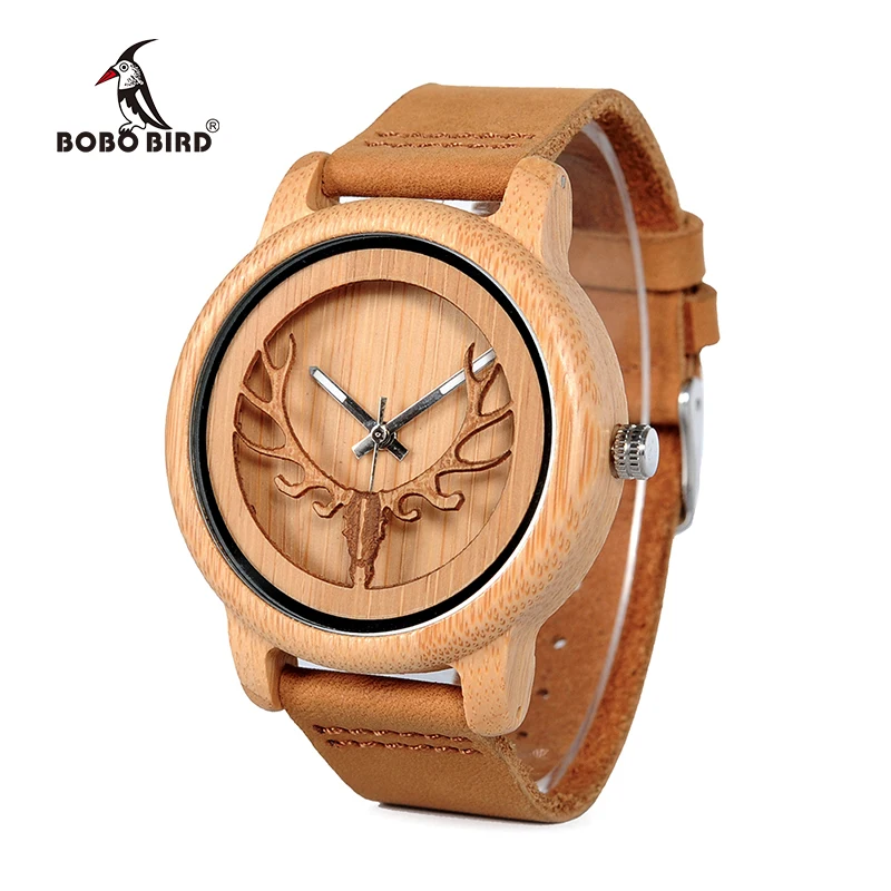Deer Head Design Hollow Out Bamboo Wood Quartz Watch With Leather Strap Men Casual Watches