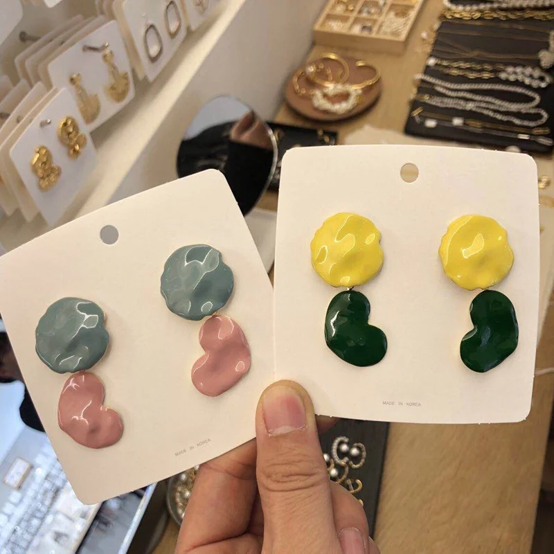 

MENGJIQIAO 2019 New Vintage Geometric Heart Colorful Drop Earrings For Women Metal Drop Glaze Oil Pendientes Jewelry Gifts