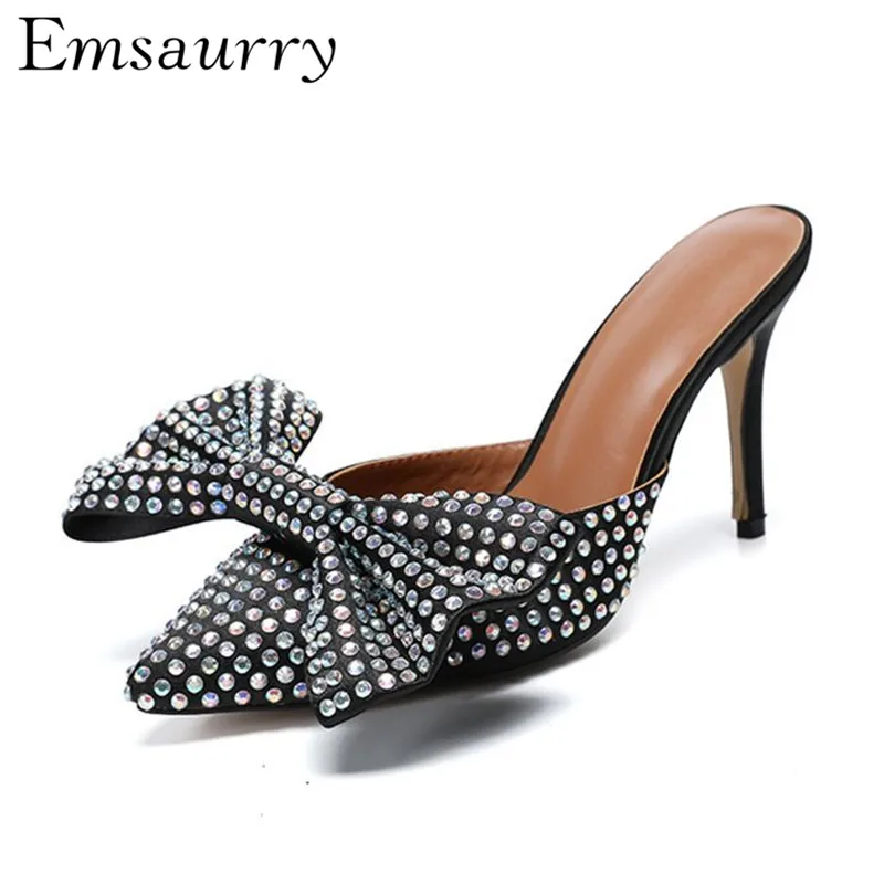 

Luxury Crystal Butterfly-knot Slippers Women Thin Heel Pointed Toe Slip On Mules Rhinestone Bowknot High Heel Shoes Woman