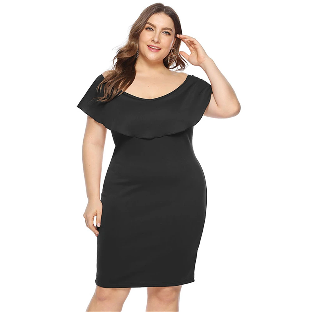 Louyebouho Women Plus Size Strapless Ruffle Dress Summer Sexy off Shoulder Slim Dresses Elegant Solid Color Robe Vestidos XL-4XL