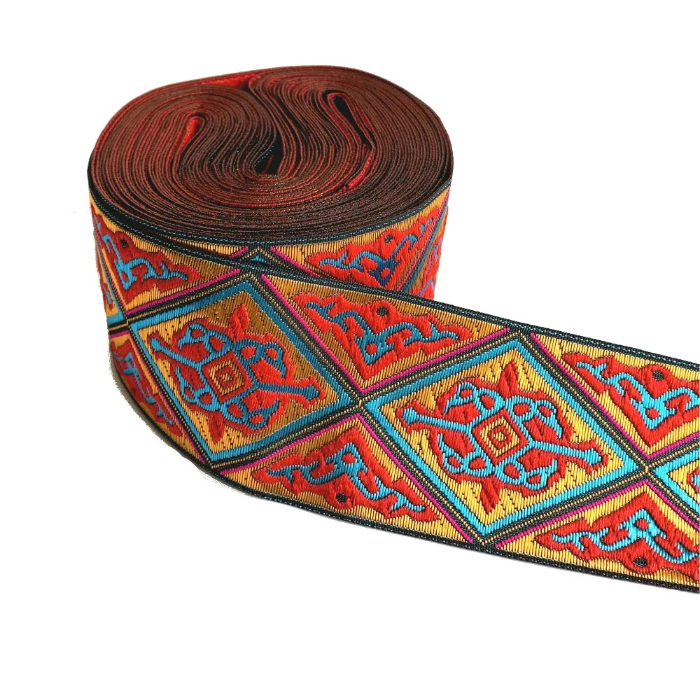 

ZERZEEMOOY 2" 48MM 10 YARD Woven Jacquard Ribbon Trims Geometric Red Totem Pattern For Curtain And Clothing Accessory