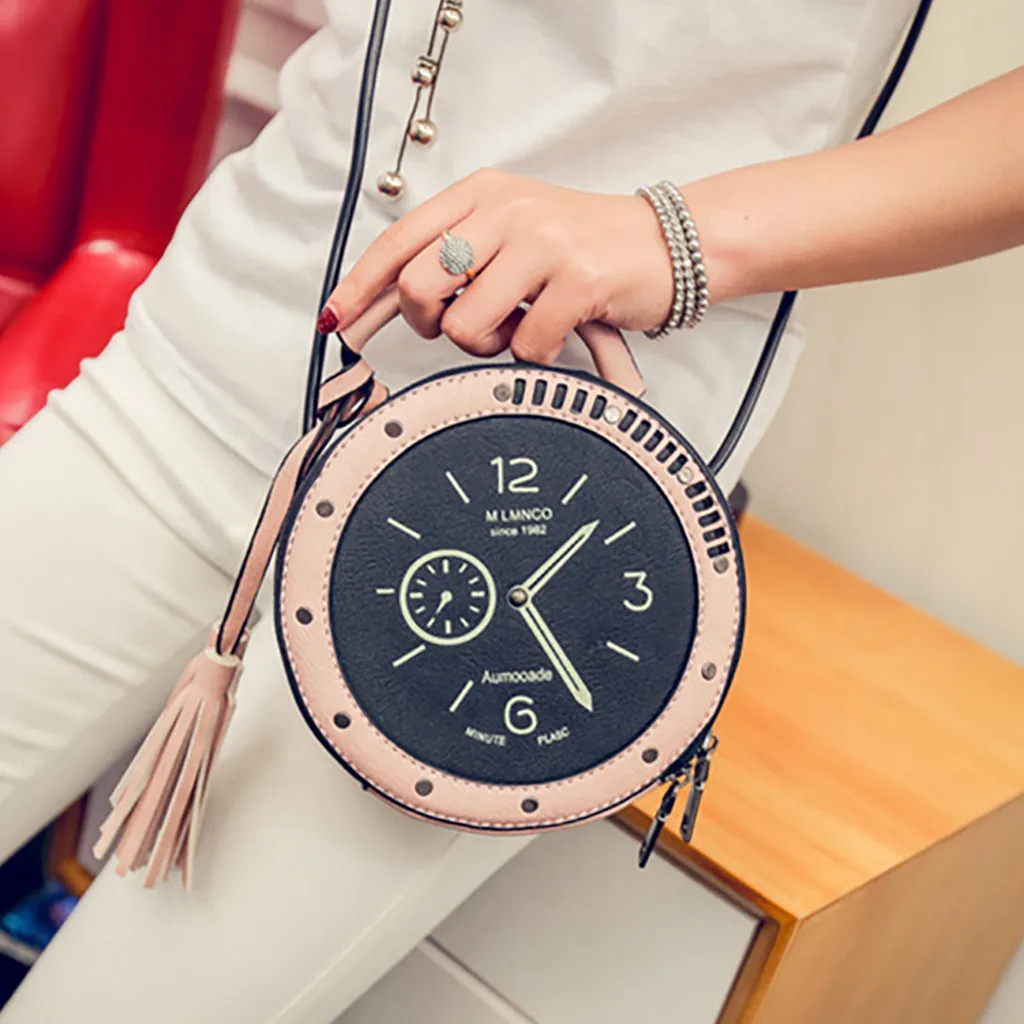 MUQGEW Classic Wall Watch design Women's Clutch Shoulder Bag Fashion Circular Retro Clock Tassel Mobile Phone Purse Bag 703