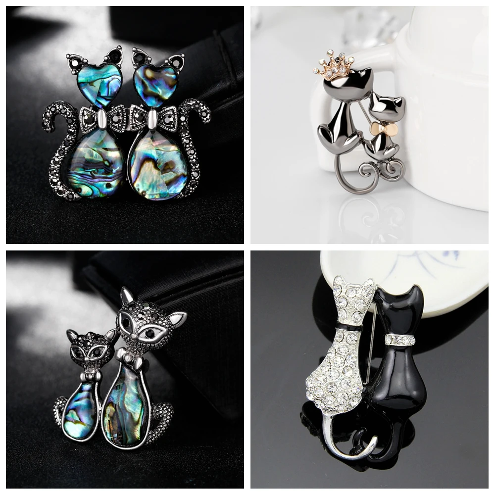 

Lover or Sister Double Cat Brooch for Party Gift Shell Metal Crown Rhinestones Enamel Pin Black Animal Brooch for Women Jewelry