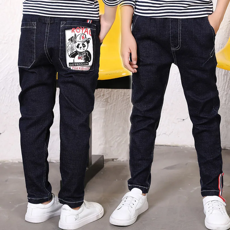 

2019 Big Boy's Jeans Fashion Teen-ages High Quality Elastic Waist Cotton Full Length Jeans Appliques Straight size 100-160