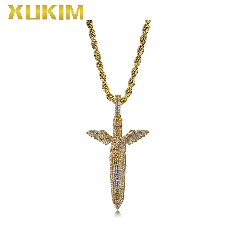 

PH043 Xukim Jewelry Gold Sword Pendant the Blade of the Angel Hip Hop Pendant Necklace
