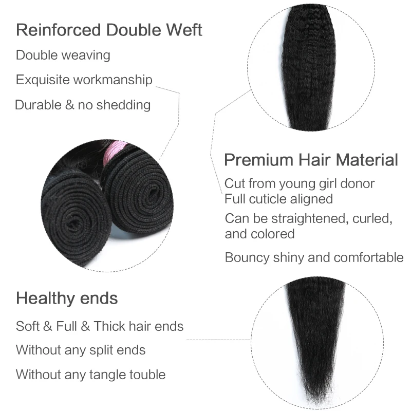 Bigsophy Indian Human Hair Kinky Straight Wave 3Bundles With Lace Closure Middle/Free/Three Part 100% Human Remy Hair Extension