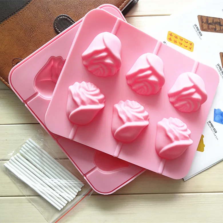 DIY 6 Rose Shape Lollipop Molds Cake Molds Cake Baking Tools 3D Pudding