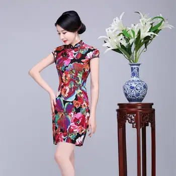 

Oversize S-XXXXXL Women Novelty Print Floral Qipao Vintage Chinese Style Bride Wedding Dress Mandarin Collar Sexy Mini Cheongsam