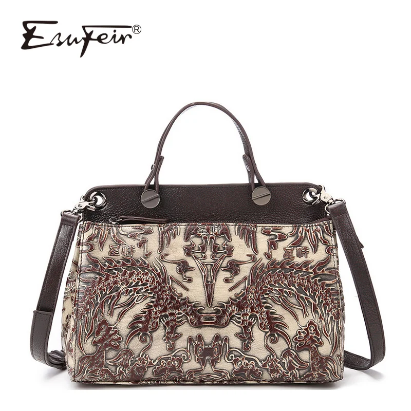 

ESUFEIR Luxury Genuine Leather Hangbags Casual Messenger Bag Leather Carved Shoulder Bags Retro Handbags Women Bags Designer