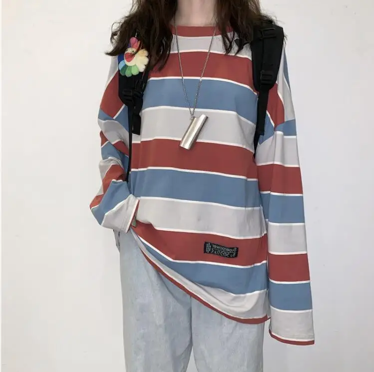 

Autumn new retro striped pullover loose round neck long sleeve casual t-shirt