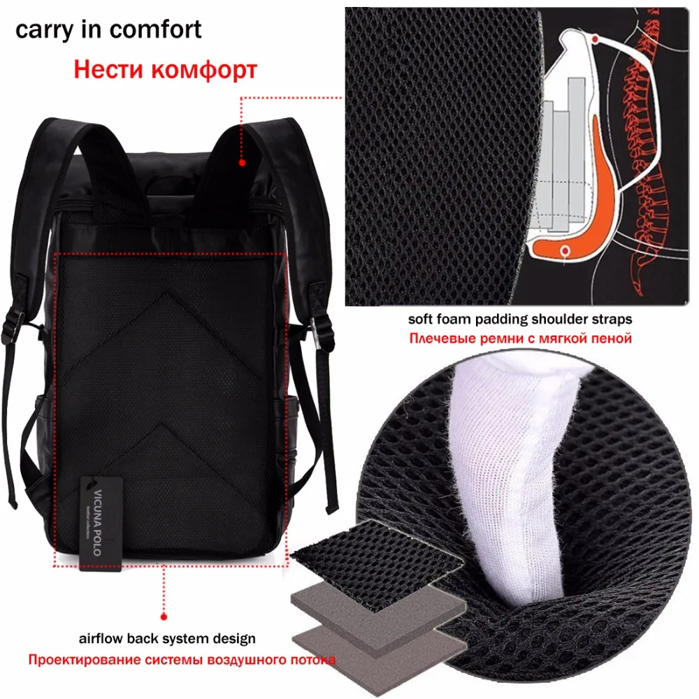Vicuña POLO de alta capacidad grande para hombre bolsa mochila negro de cuero mochila viaje mochila masculina