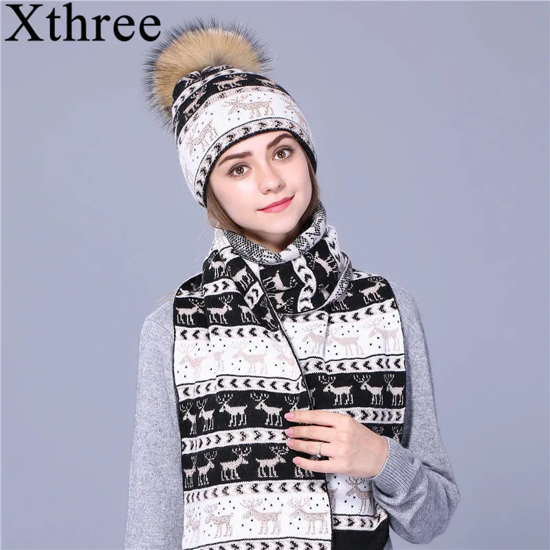 Xthree, зимняя шапка с рождественским оленем, шарф, набор, толстая двухслойная шапочка, теплая шерстяная вязаная шапка, шарф для женщин, натуральный мех норки, помпон - Цвет: black