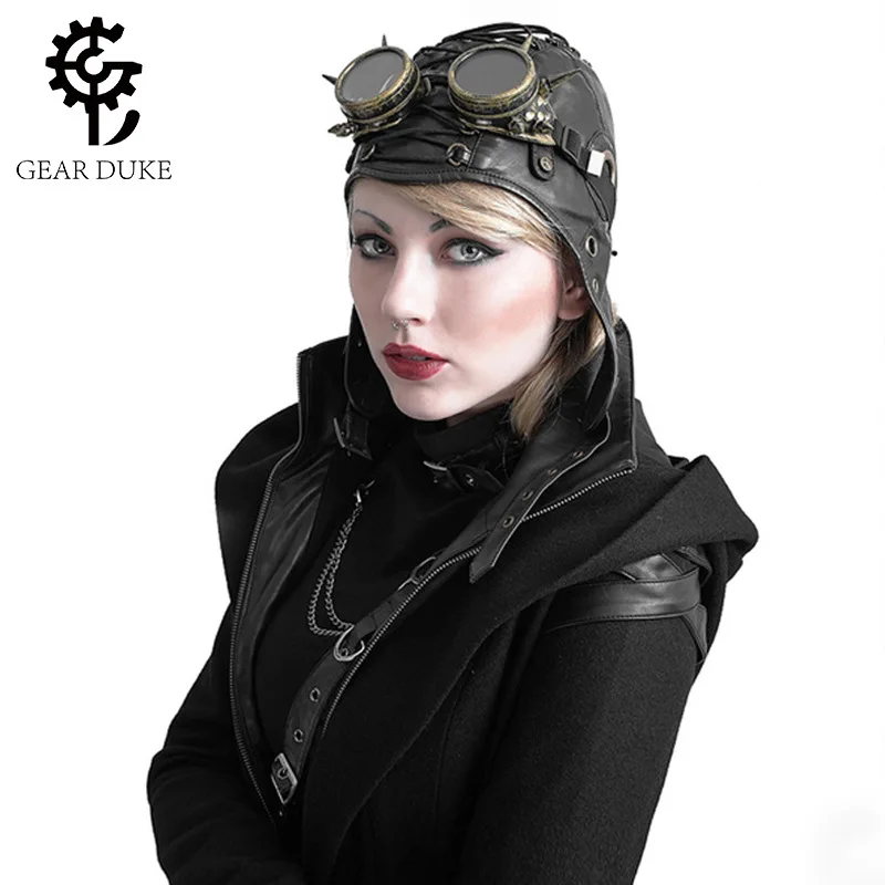 Gear Duke стимпанк шляпа стимпанк Винтаж из искусственной кожи летающие кепки millinery очки - Цвет: Черный