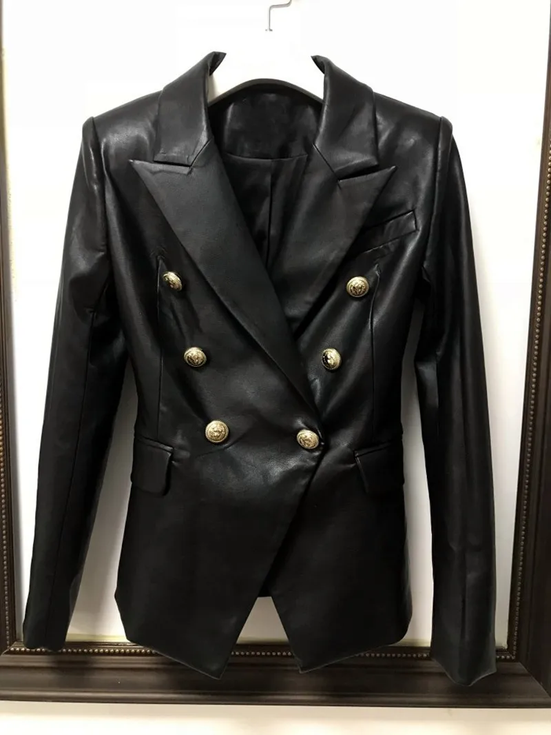 Autumn Winter Women Faux Soft lion head metal buckle double-breasted slim Leather Jackets Pu Black Blazer Zippers Coat  (9)