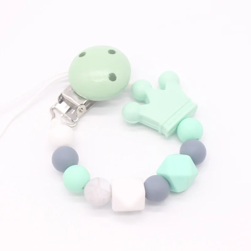 XCQGH Silicone Beads Wood Baby Pacifier Clip Teether Chew Toy Dummy Nipple Teethers Clip Holder Baby Shower Gift
