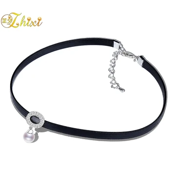 

ZHIXI Pearl Zircon Pendant Chock Necklace 925 Silver Jewelry Freshwater Round Cool Trendy Fashion Romantic For Girl Party X242