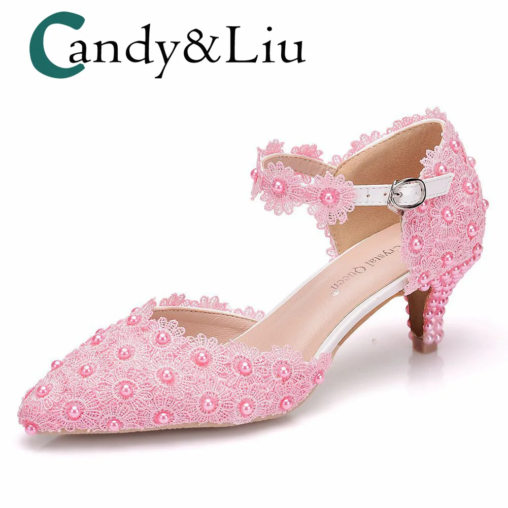 

Pointed Toe White Lace Flower Wedding Shoes Dwarf Heel Ankel Strap Women Pumps for Party Wedding Banquet Evening Dress Girl Lady