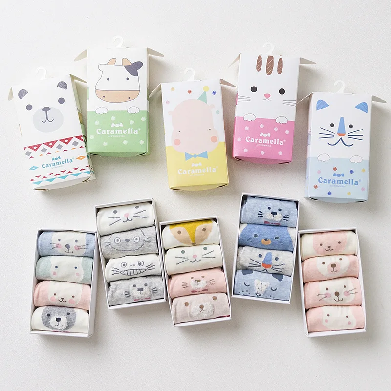 high quality women socks gift box 4 pair cute cat printed color cotton animals women fashion short lady ankle socks