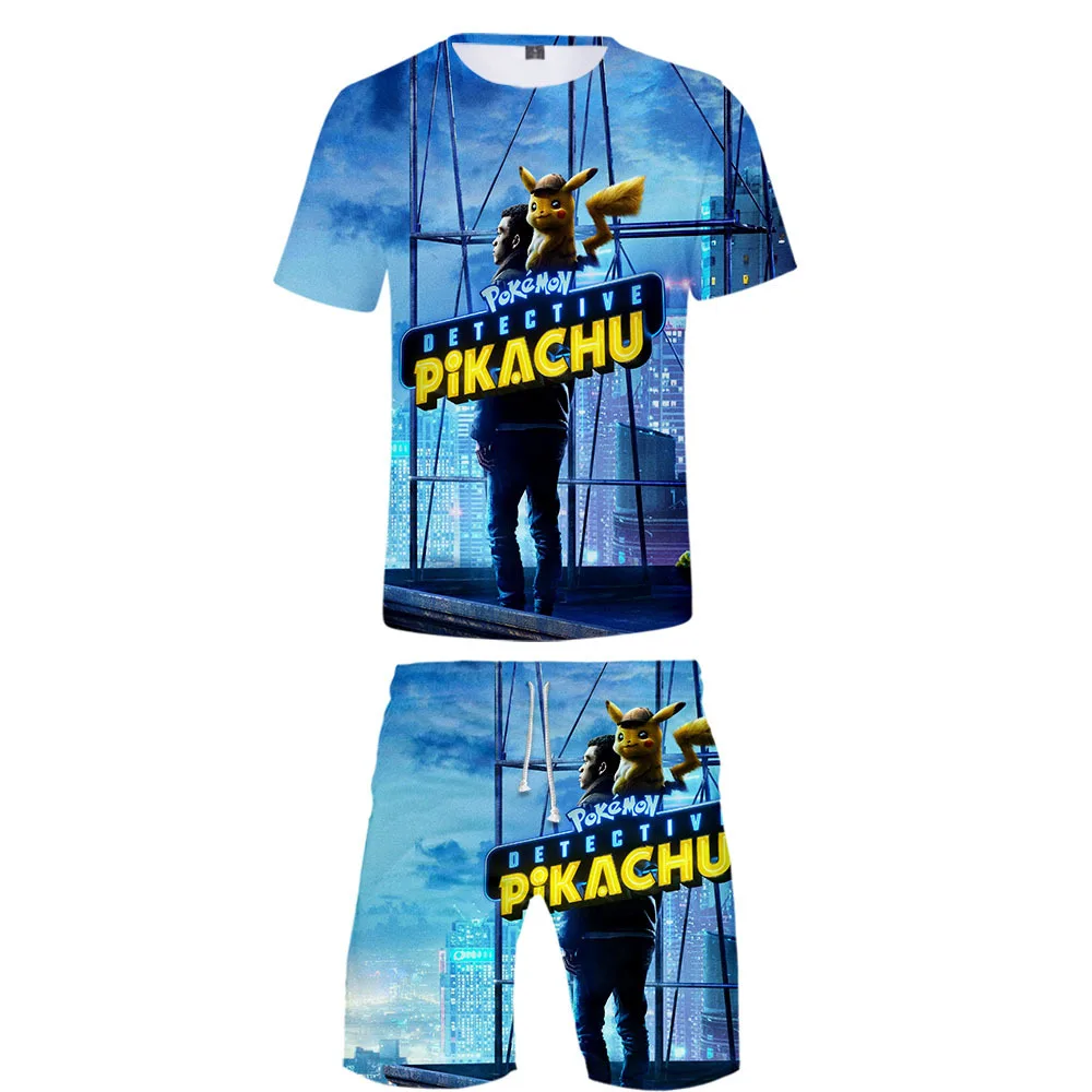 

4-20Y Newest Pokemon Go Detective Pikachu Short Sleeve 3d Print T-Shirt+shorts 2pcs Set Summer Boys Clothing Sets Baby Beachwear