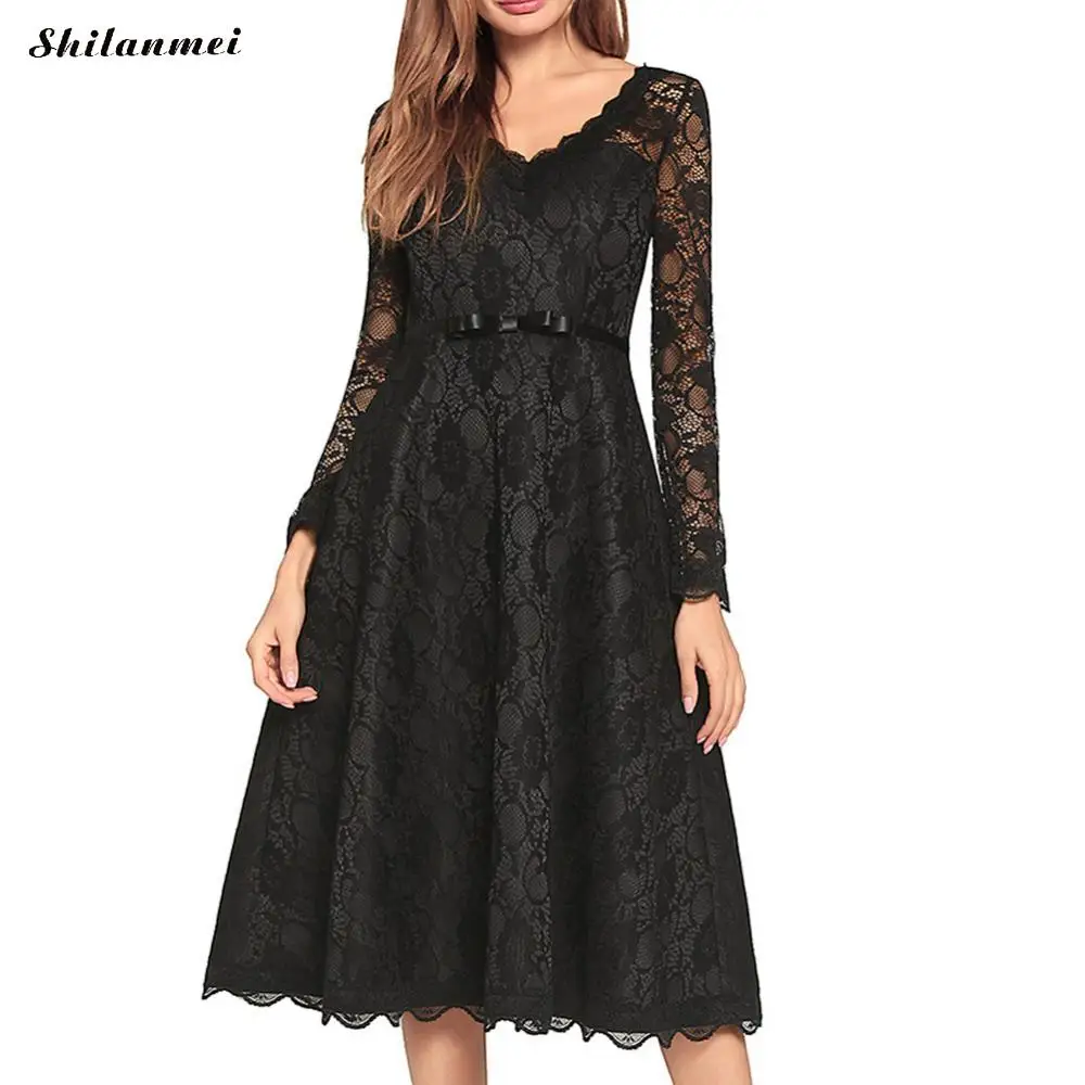 Casual Slim Lace A Line Work Office Dress Long Sleeve Swing Dresses