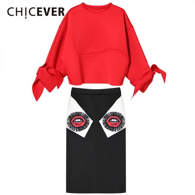 

CHICEVER Autumn Two Pieces Set Women Suit Space Wadding Long Sleeve Top With Elastic Waist Embroidery Skirts Clothes Fashion New