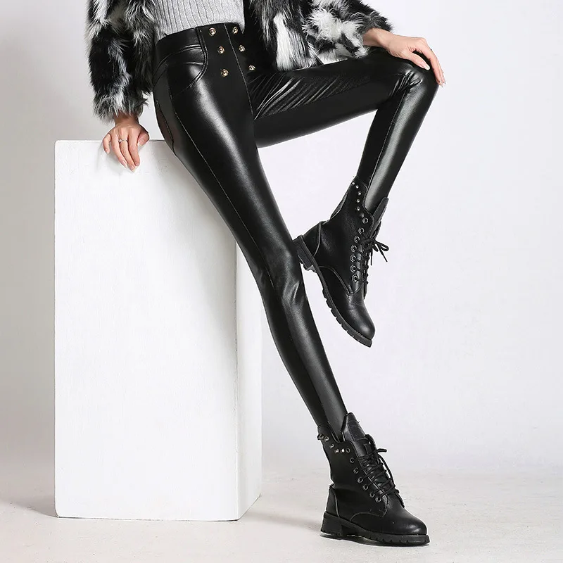 

2016 High Quality Thicken Winter PU Leather High Waist Elastic Plus Size Fleece Stretch Slim Woman Pencil Pants Skinny Trousers