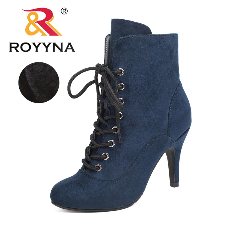 

ROYYNA 2017 New Designer Popular Style Women Boots Round Toe Zip Colorful Women Shoes High Heels Flock Upper Ladies Shoes Retail