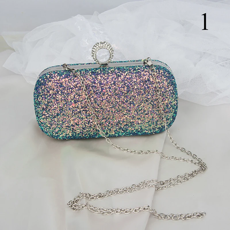 Women Glitter Chain Handbag Sparkling Ladies Party Envelope Clutch Sequins Bag Finger Ring Evening Hard Wallet Tote Purse