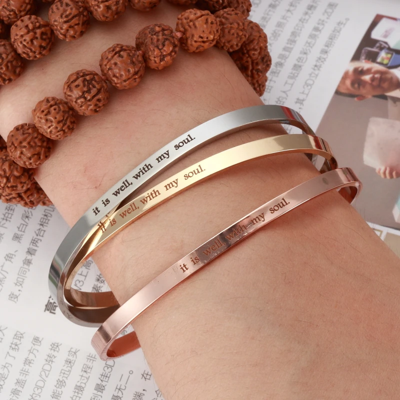 

it is well,with my soul Stainless Steel Bangle Engraved Positive Inspirational Quote fashion Cuff Mantra Bracelets