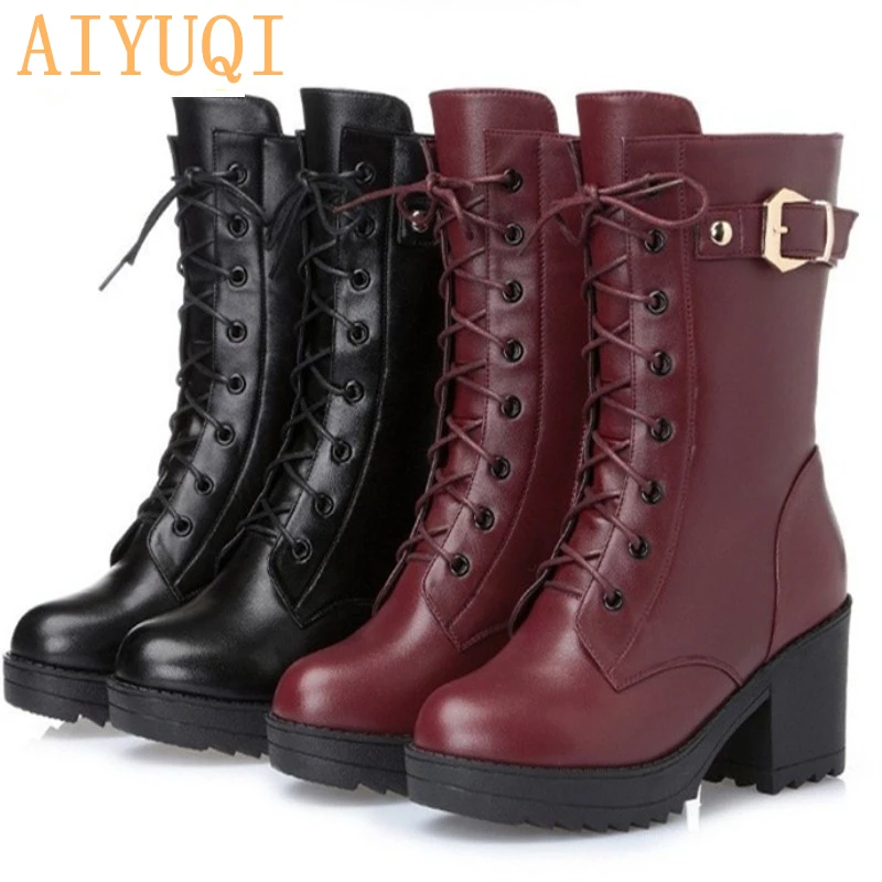 AIYUQI 2020 New for women boots villi lining high heel long boots women winter boots for ladies genuine leather