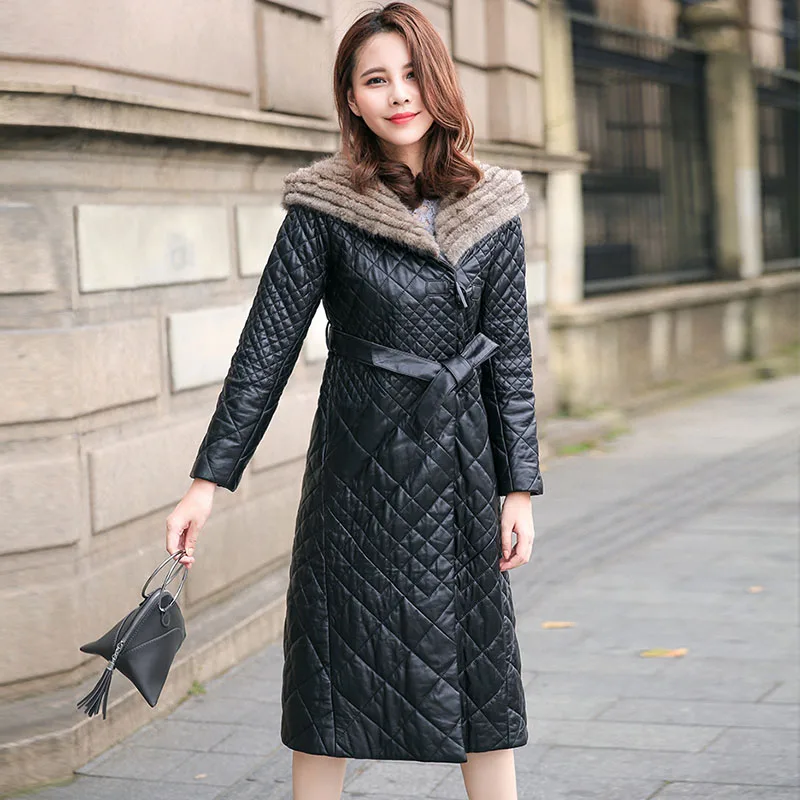Женское пальто из натуральной овчинной кожи с капюшоном, тонкое длинное осенне-зимнее пальто с поясом, теплое пальто черного цвета из натуральной кожи