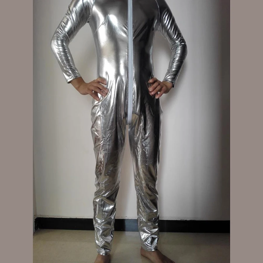 

Hot Sexy Men PVC Latex Catsuit Sexy Silvery Patent Leather Bodysuit Zipper Jumpsuits Erotic Costumes Nightclub Party Uniform
