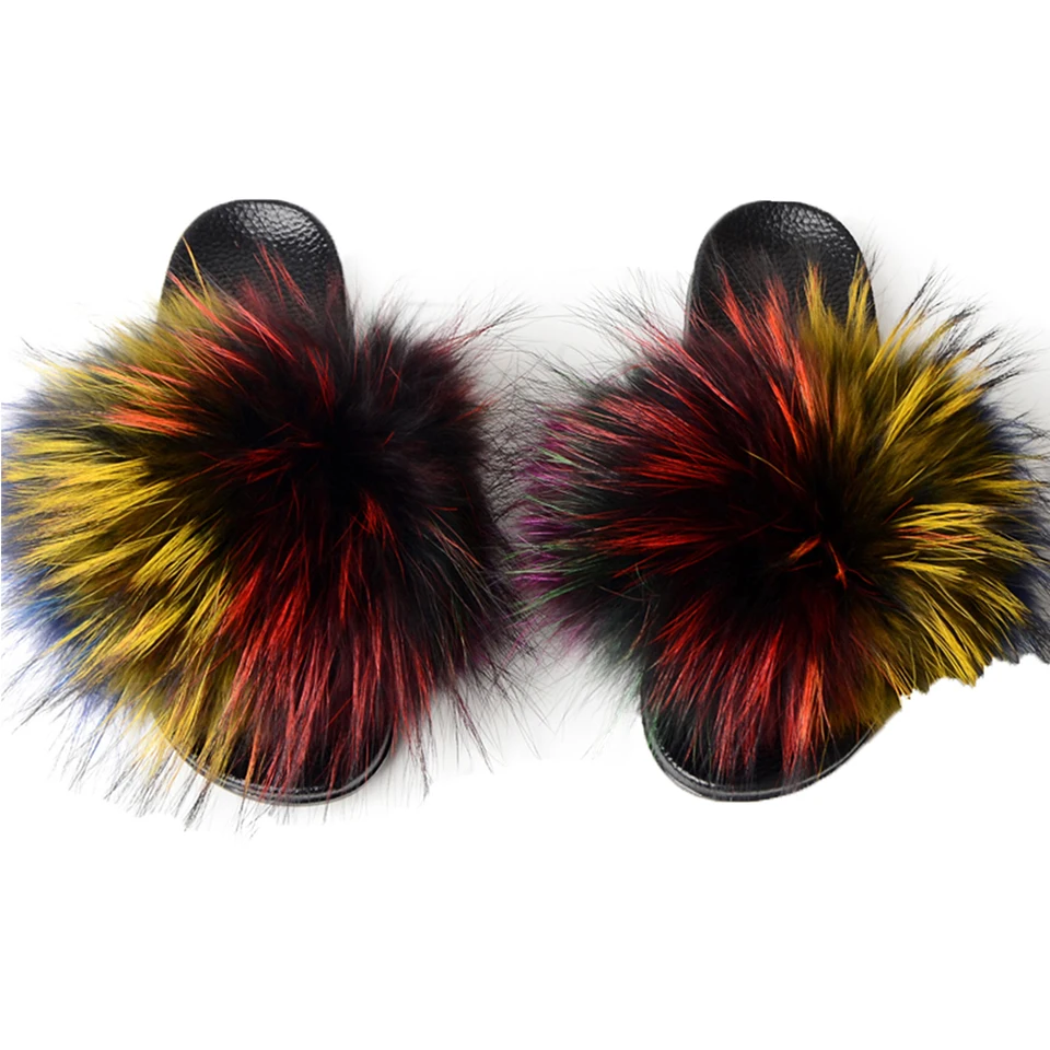 

2019 Women's Slippers Real Fox Fur Slippers Outdoor Summer Slides Slip On Sandals Flat Shoes style top quality S#05