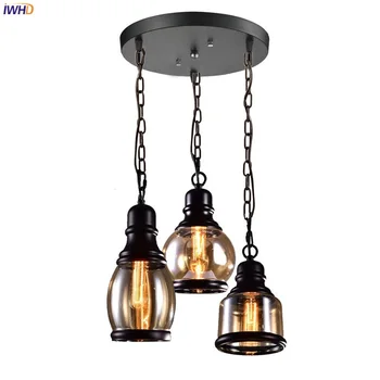 

IWHD 3 Heads Glass Rustic Vintage Pendant Lamps Restaurant Dinning Room Bar Loft Style Industrial Pendant Lights Fixtures LED