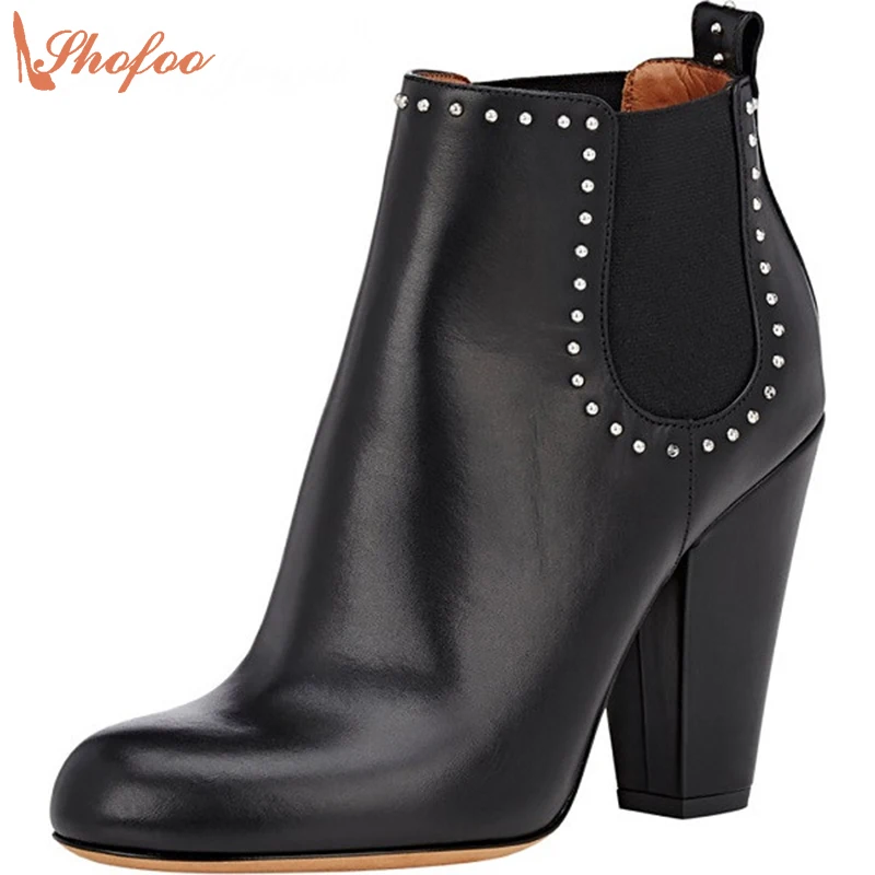 Shofoo Women Ankle Boots Black Genuine Leather Heels Shoes Waterproof For Woman ,botasy botines de mujer,Plus Size 4-16