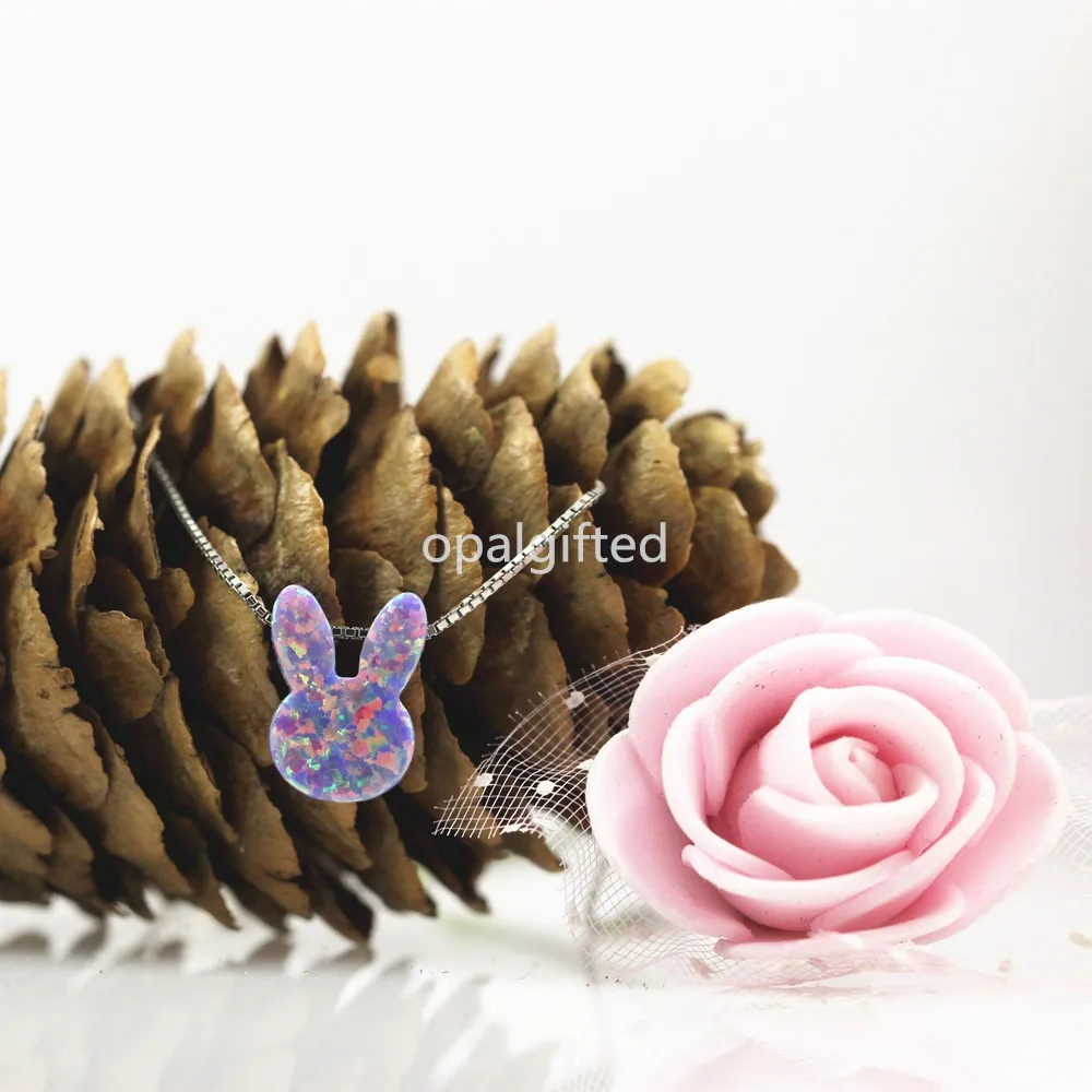 

(1pc/lot) box chain 9*12mm op38 Purple Synthetic Opal rabbit head / bunny opal with S925 Silver Necklace Jewelry For Gift