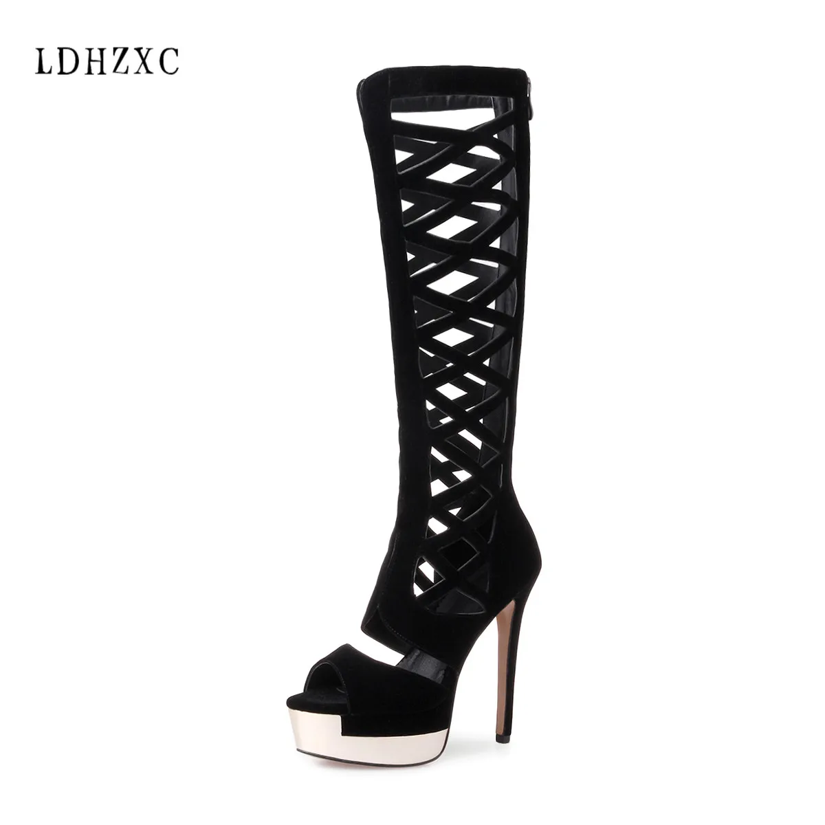 

LDHZXC2019 Knee High Summer Women Boots Zipper Fashion Ladies Shoes Round Toe Metal Decoration high Heels Footwear