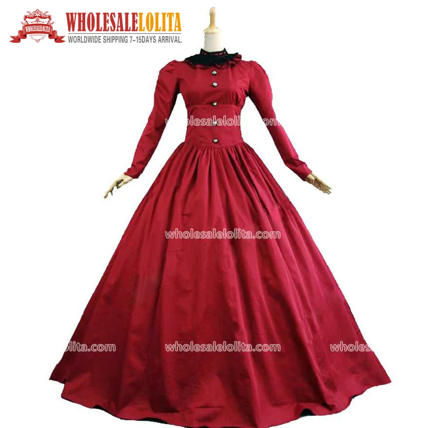 

Victorian Gothic Burgundy Period Dress Gown Theatrical Costume Vintage Ball Gowns