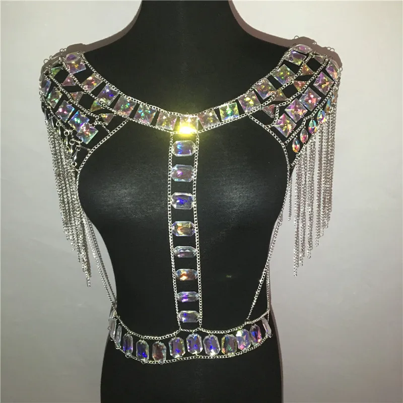 AKYZO Crazy crystal sequin женские комплекты из 2 предметов забавные праздничные наряды ручной работы в стиле пэчворк с металлической кисточкой и цепочкой Женский комплект